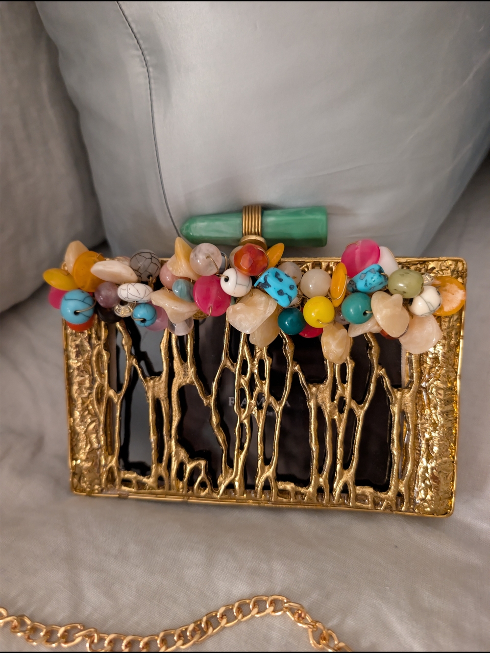 ​RAMLA Handmade Gold Filigree Clutch Bag Gemstone Beaded Evening Crossbody